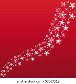 Beautiful snowflakes wave on a vector red background.