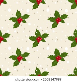 Beautiful Snowing and Bunch of Holly Leaves Pattern Christmas Collection illustration Repeat Detailed Vector Pattern Design for Wrapping Paper Wallpaper Scarf Fabric Carpet Rug Embroidery Seamless