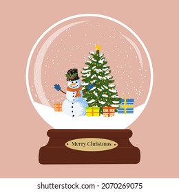 Beautiful snowman and christmas tree holiday winter outdoor decoration gift concept. Glass snow globe vector illustration.
