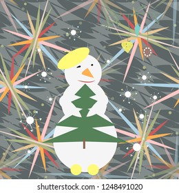 Beautiful snowman with christmas tree on the winter background. Vector illustration. Xmas.