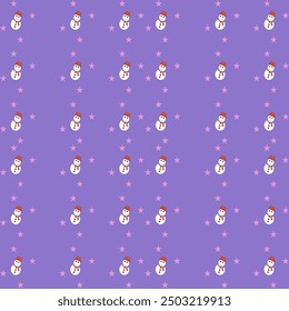 Beautiful snowman and star isolated on blue background. Seamless pattern of textile. Surface pattern of curtain. Tablecloth and wrapped paper gift design concept. 