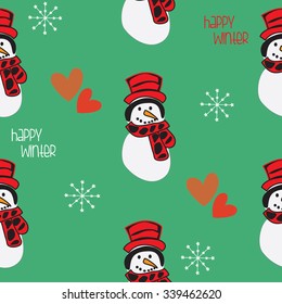 beautiful snowmen with hearts and snowflakes pattern vector illustration
