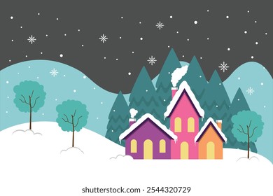 Beautiful Snowy Houses Surrounded By Trees And Mountain In Winter Christmas Season