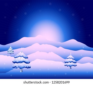 Beautiful snowy mountain landscape.  Snowflakes on blue sky. Snow covered trees. Editable vector illustration and raster version. Colorado USA.
