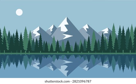 Beautiful snowy mountain range and green pine forest reflected on calm lake water under moonlit sky vector.