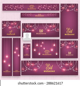 Beautiful social media post, header or banner set with glowing hanging stars and moons for Islamic famous festival, Eid Mubarak celebration.