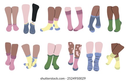 Beautiful socks design on legs. Concept of diversity white, black color skin, vitiligo, inclusive person with prosthetic leg. Blue, pink, green, yellow socks. Low cut, ankle, knee high, over the calf