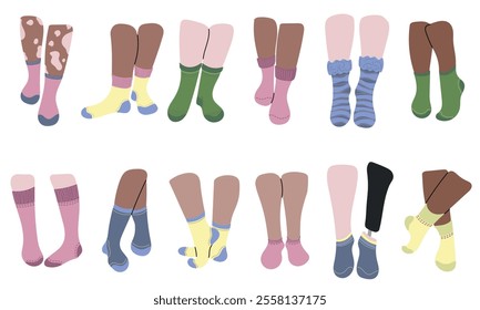 Beautiful socks design on legs. Concept of diversity white, black color skin, vitiligo, inclusive person with prosthetic leg. Blue, pink, green, yellow socks. Low cut, ankle, knee high, over the calf