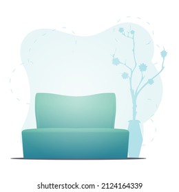 Beautiful sofa and houseplant. Background with space for your character. Vector flat illustration.
