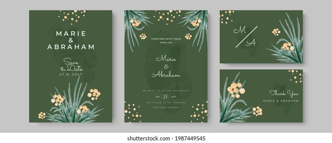 Beautiful soft floral and leaves wedding invitation card. Hand drawn watercolor summer floral invitation card