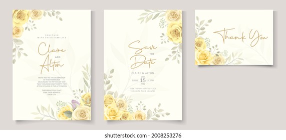 Beautiful soft floral and leaves wedding invitation card design
