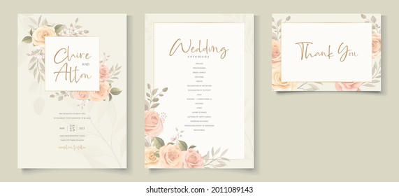 Beautiful soft floral and leaves wedding invitation card design