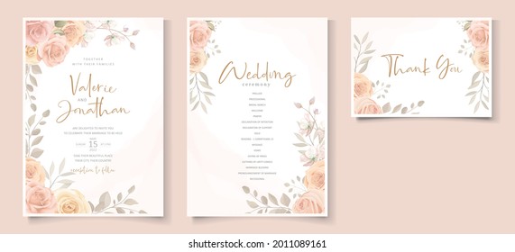 Beautiful soft floral and leaves wedding invitation card design