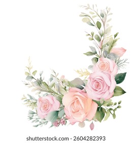 Beautiful soft pink roses in a watercolor style, perfect for greeting cards and invitations. Elegant watercolor bouquet with pastel pink roses and greenery, great for romantic designs.