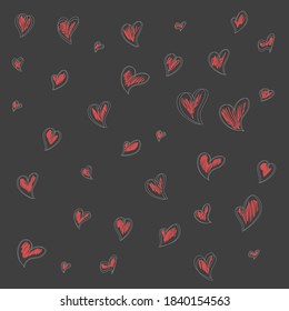 Beautiful soft red hearts dark black background. Romantic heart seamless pattern. Vector illustration for Valentine's day wedding invitation present. Endless textur. Anniversary, Birthday. Love.