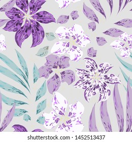 Beautiful softness tropical floral vector seamless pattern. Purple and white flowers with leaves on gray background. Template for textile, wallpaper, print, web site, carton, banner, ceramic tile.