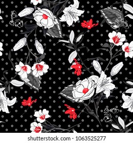 Beautiful and softy blooming black and white flowers red Pollen seamless pattern vector on pollka dots on black background for fashion fabric and all prints in hand drawn style.