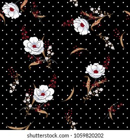 Beautiful and softy blooming white flowers seamless pattern vector on pollka dots on black background for fashion fabric and all prints in hand drawn style. Beautiful and softy blooming white flowers seamless pattern vector on pollka dots on black background for fashion fabric and all prints in hand drawn style.