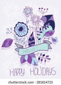beautiful solid background with flowers with happy holidays inscription