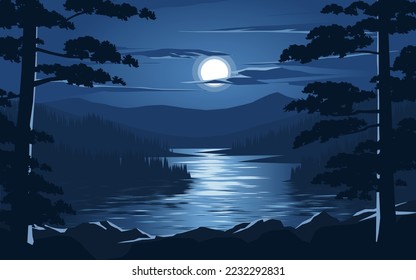 Beautiful soothing night scene landscape with river and moonlight. Vector nature scenery