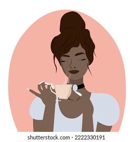 A beautiful sophisticated girl with collected hair and a choker around her neck, holding a beautiful cup of coffee in her hands