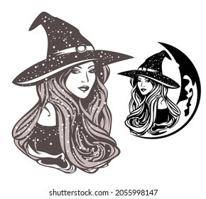 beautiful sorceress with long hair wearing traditional witch hat and crescent moon - celestial magic astrologer vector portrait