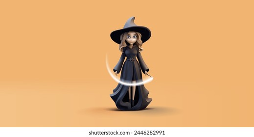 Beautiful sorceress, witch in black clothes, hat and with magic wand, 3D. For concepts of children's fairy tales, prints, cartoons. Vector