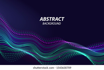 Beautiful Sound Waves 3d Shaped Array of Blended Points on Dark Background. Big data. Futuristic Lines of Many Dots. Design Element For poster Cover Banner. Abstract Vector Illustration