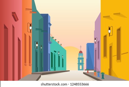 Beautiful south america city landscapes,latin america cityscape with building,street view of ancient town with large scorching sun on background,flat design style,colorful vector illustration.