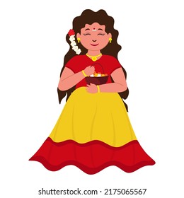 Beautiful South Indian Girl Holding Basket Full Of Flowers On White Background.