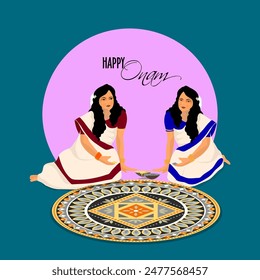 Beautiful South Indian Women Making Rangoli (Atham) on the Occasion of Happy Onam Festival.