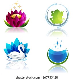 Beautiful spa, ecology, nature and health care symbol collection. Beautiful swan and flower, clear water and stars, etc.