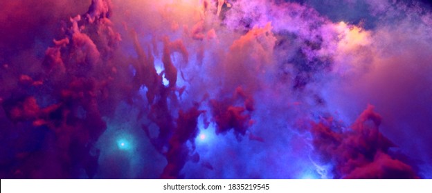 Beautiful space background. Nebula blast. Multicolored space clouds. Blue glowing gas giants. Science fiction backdrop. Fantastic cosmic wallpaper. Vector illustration. EPS 10.