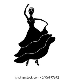 A beautiful Spaniard flamenco dancer with traditional costume and hair comb. Black vector silhouette on white background. Dancing woman in ruffled dress.