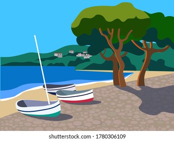 beautiful spanish beach with fishing boats