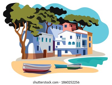 beautiful spanish coast village with fishing boats and pines flat style vector illustration