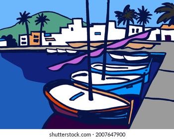 beautiful spanish coast village with fishing sailboats