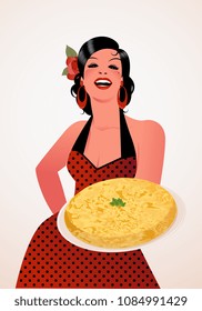 Beautiful Spanish Cook with Potato Omelette. She wears a polka-dot dress or apron and a flower in her hair.