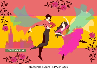 Beautiful Spanish couple dancing flamenco on a city street. Stylized spanish flag background. Blooming branches, silhouettes of buildings. Vector illustration.
