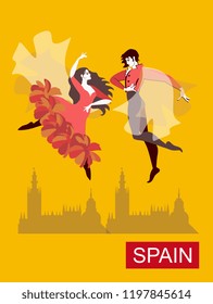 Beautiful Spanish couple dancing flamenco in the yellow sky over the city. Fantasy vector illustration. Art Deco style.