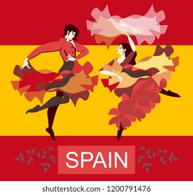 Beautiful Spanish couple dancing flamenco on Spain national flag background. Shawl and raincoat in the form of flying birds. Luxury design.