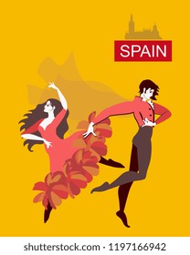 Beautiful spanish dancers flamenco isolated on yellow background in vector.