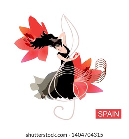 Beautiful spanish flamenco dancer in black dress dancing on treble clef against huge red lily flowers. Luxuty logo, poster, banner, invitation card.
