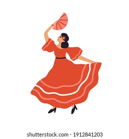 Beautiful spanish flamenco dancer dancing with fan in traditional red dress. Hispanic passion woman in national costume. Colored flat vector illustration isolated on white background.