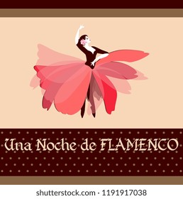 Beautiful Spanish flamenco dancer, dressed in a skirt in the form of luxurious flower, and gentle pink flower in her hair. Flamenco night (spanish text). 