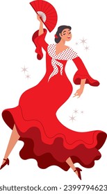 Beautiful Spanish flamenco dancer.  Graceful woman dancing. Spanish culture. Flat vector character