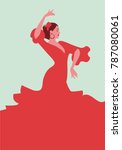 Beautiful Spanish flamenco dancer, wearing elegant red dress and flower in her hair