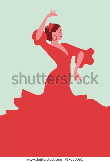 Beautiful Spanish flamenco dancer, wearing\
elegant red dress and flower in her\
hair