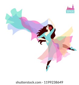 
Beautiful Spanish girl dancing flamenco with a shawl in her hands in the form of a flying bird. Isolated on white background in vector. Little emblem of Spain.