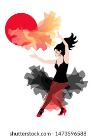 Beautiful Spanish girl dancing flamenco with a manton, like a flying bird in the background of the red sun.